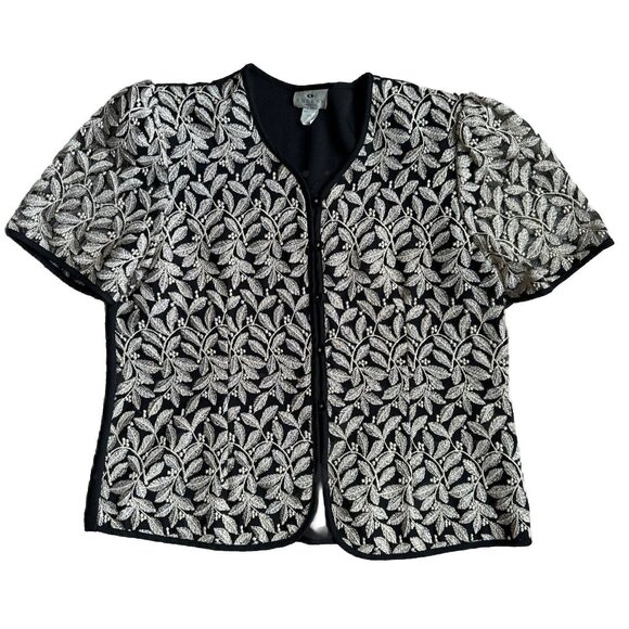 2/$18 SALE!Vtg Sheena Button Blouse Black Gold 2x Evening Embroidered Metallic - Picture 1 of 8